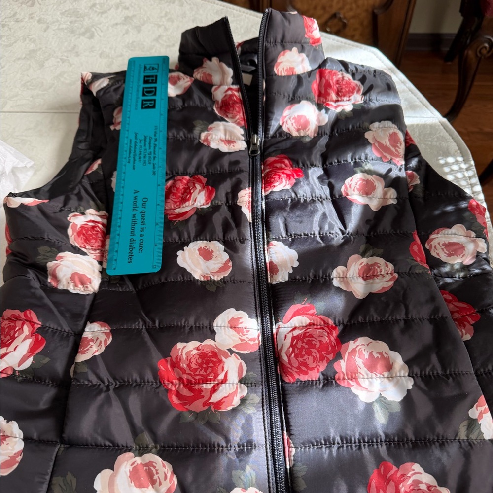 LOFT Outlet Quilted Floral Puffer Vest in Black with Red and Pink Roses
